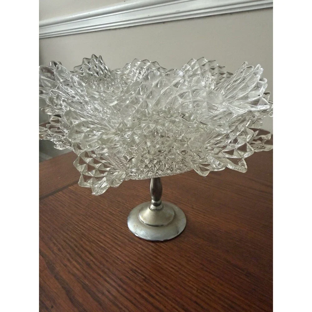 Vintage Clear Diamond Square Glass 5 Candy Dishes with Silver Pedestal